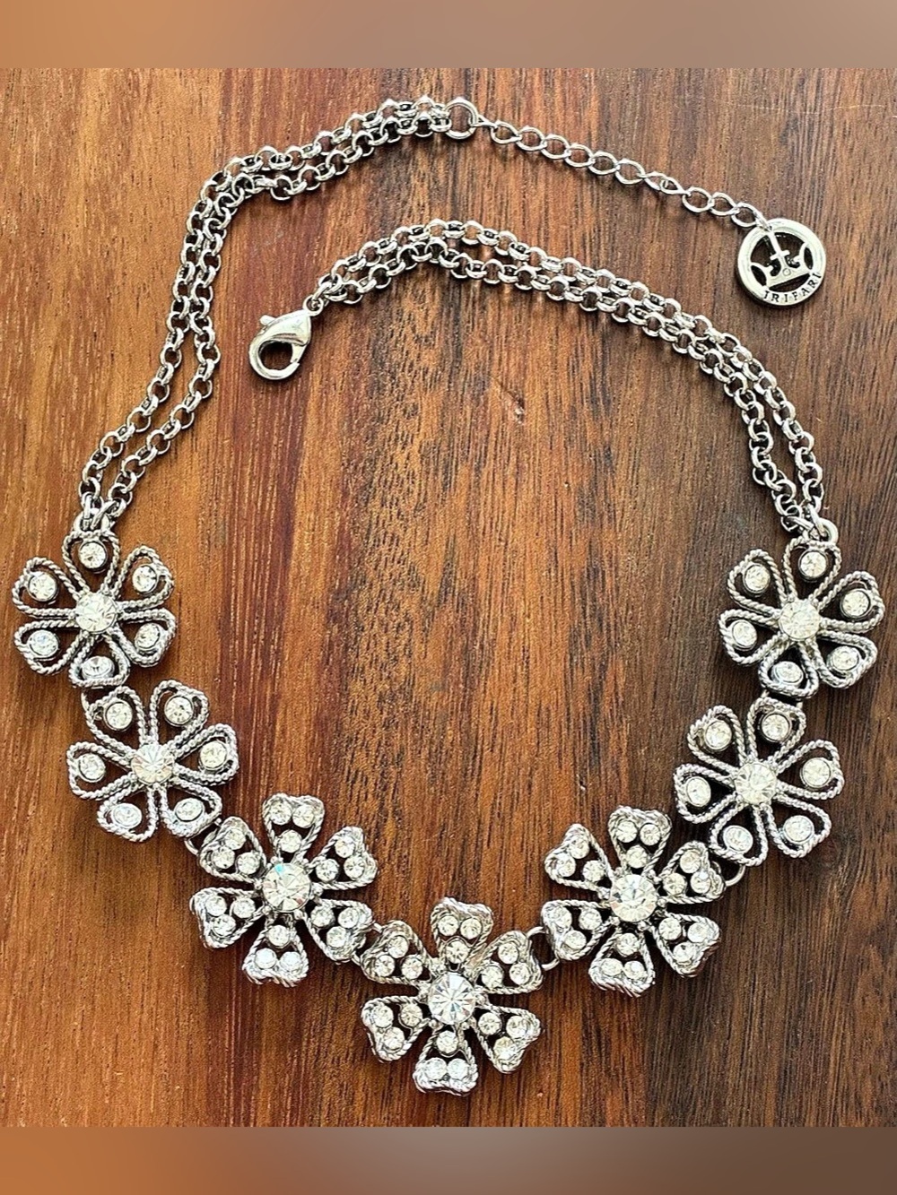 Trifari Floral Rhinestone Statement Necklace Silver Tone Prom Dance